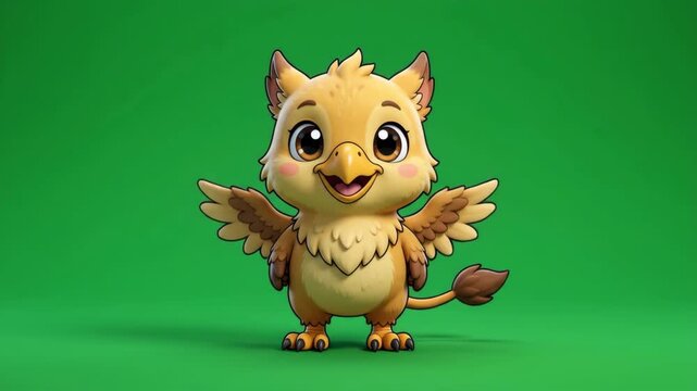 Cute cartoon baby griffin with big eyes and fluffy wings standing on a green background.