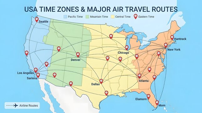 Map of the United States showing time zones and major air travel routes, ideal for aviation, logistics, transportation planning, travel, geography, and business operations.