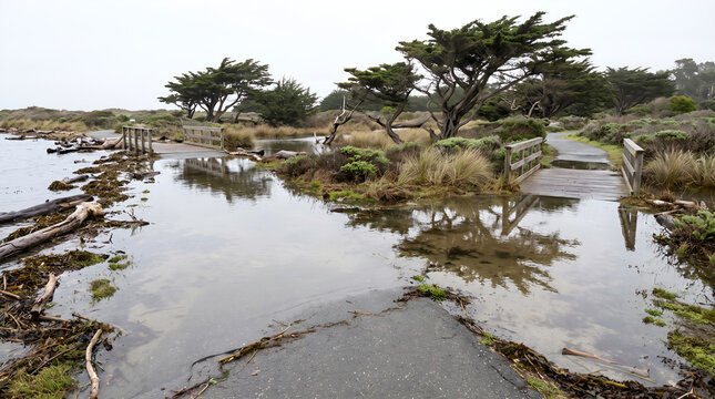 Coastal park affected by high tide flooding, illustrating climate adaptation challenges and environmental resilience for reports, campaigns, and sustainability projects.