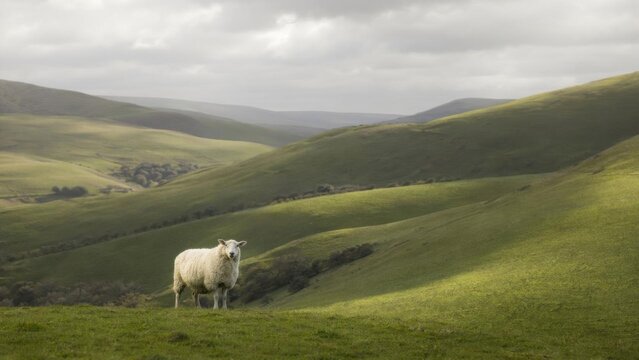 White sheep standing on a green rolling hillside beneath a cloudy sky. Peaceful rural landscape with grazing livestock, pastoral countryside, nature, and agricultural concept.