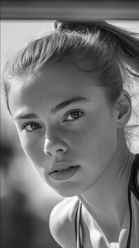 A young female athlete with a serious look on her face. She has short brown hair and is wearing athletic clothing. The background is blurred but seems to be outdoors in daylight.