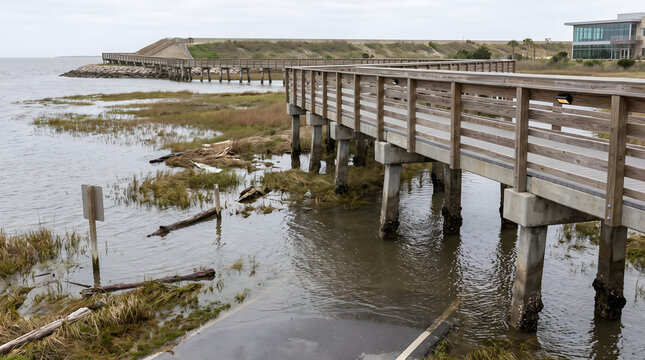 Coastal adaptation infrastructure addressing flooding and sea level rise. Ideal for ESG reports, sustainability planning, climate resilience projects, and environmental consulting.