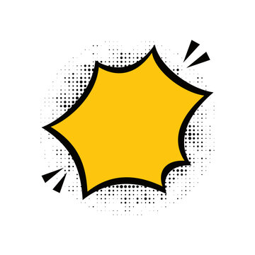 Star burst speech bubble with yellow fill and halftone dots for energetic comic callouts.