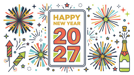 Fototapeta premium Hand drawn colorful Happy New Year 2027 greeting card with fireworks and champagne.