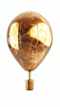 Golden hot air balloon floats against a white background. Its surface gleams with warm, reflective light. Design features stitched seams and a metallic finish. Balloon hovers gently