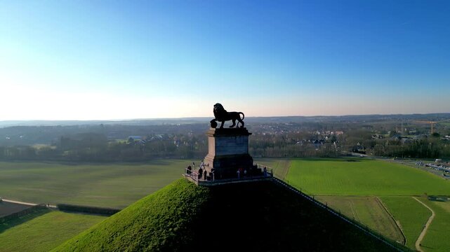 Napoleon Battlefield, Waterloo, Walloon Brabant, Belgium, March 4th, 2025, Stunning aerial shots of the iconic Lions Mound, beautifully showcasing its grandeur amidst lush green fields
