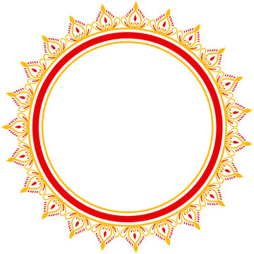 Happy Durga Puja decorative circular frame featuring ornate floral motifs, traditional red and golden patterns, and an elegant festive border for religious celebration designs.