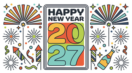 Obraz premium Happy New Year 2027 colorful greeting card design with festive fireworks and celebration elements.