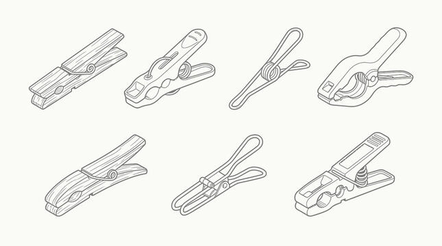Isometric clothespin vector set, laundry peg line art collection, 7 household clip icons for domestic chore design