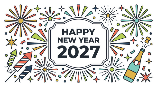 Happy New Year 2027 greeting card with fireworks and champagne bottle 1.