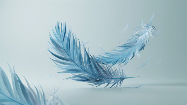 Delicate blue feathers drifting in soft studio light against a pale gradient background representing freedom and lightness