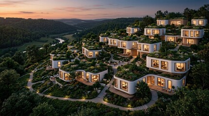 Fototapeta premium Visionary eco-friendly architecture features sleek white modular pod houses built into a lush green hillside, topped with rooftop gardens.