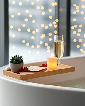 Bathtub with warm water rose petals floating tea candle and champagne glass on wooden tray