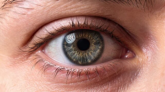 Macro view of human eye with green hazel iris. Extreme close-up of pupil dilating and contracting. Lockdown shot.