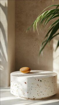 A serene indoor space with a unique stone table and a tropical plant.