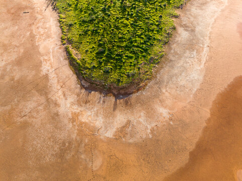 Aerial view of a lush green peninsula extending into a vast, arid, and textured landscape with dry soil patterns and subtle shadows in Carnamah, Western Australia, Australia.