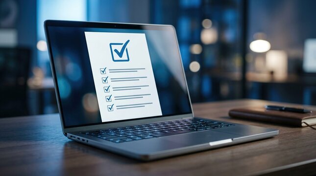 A laptop screen displays a digital checklist with multiple items and checkmarks, suggesting successful completion of tasks or an online survey in a professional setting.