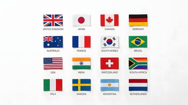 Organized collection of national flags with country names, providing a clear visual reference for geography, international education, cultural awareness, travel, and global studies.
