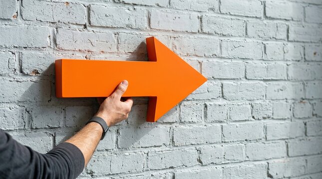 Orange arrow sign held by a hand pointing right on a white brick wall, indicating direction, progress, and guidance for business or personal growth.