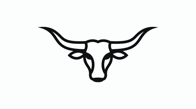 Longhorn bull head outline in minimalist black line art is isolated on white.