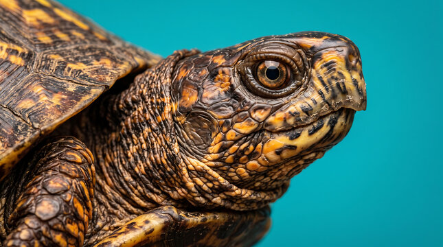 Detailed macro profile of an eastern box turtle head against a solid teal backdrop for wallpaper for nature education materials, pet industry branding, and biology presentations.