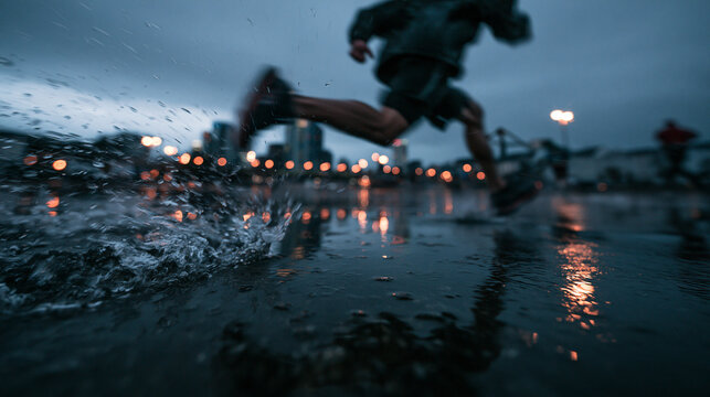 Man Running Fast Through Water Puddle on City Street