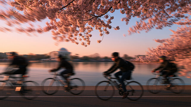 Cyclist Riding Past Cherry Blossoms at Tidal Basin Washington DC