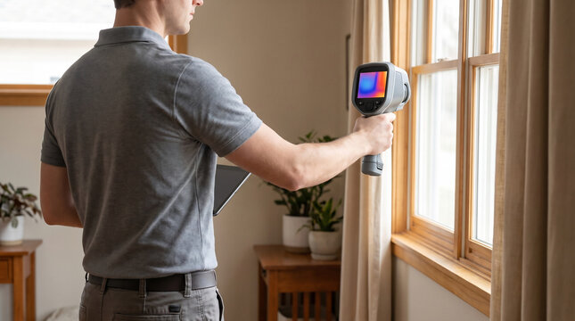 Energy auditor holds thermal imaging camera with heat map screen at window