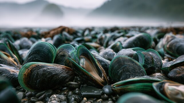 green mussels on rocky beach close up ocean shore blurred foggy background wild sea life seafood fresh green shell shellfish coastal nature pebble beach moody atmosphere coastal landscape photo