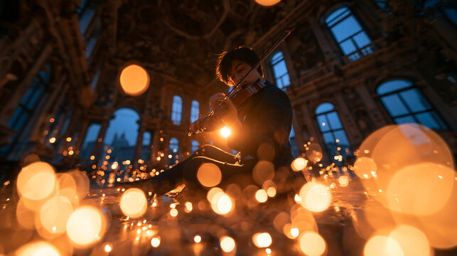 Violinist Playing Instrument Surrounded by Warm Lights in Grand Hall