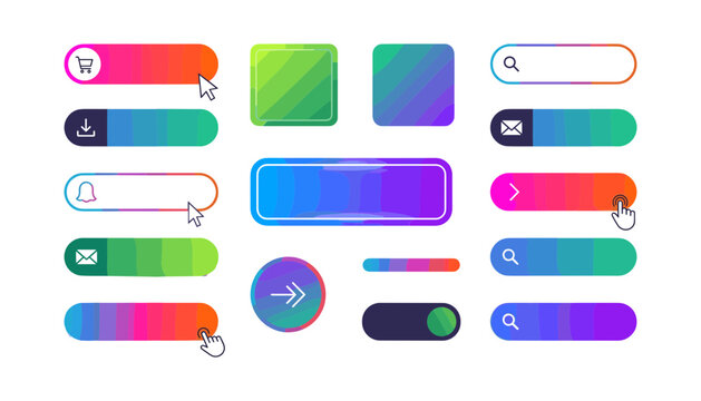 Vibrant Gradient UI Button Element Set with Search Bars Shopping Cart Download Notification Icons and Click Cursors for Web and App Designs