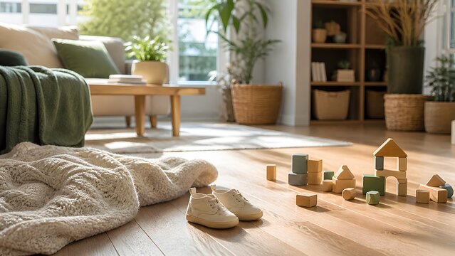 Wooden toy blocks and tiny shoes on floor in bright sunlit living room