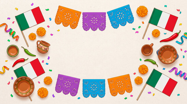 Mexican Independence frame with flags, papel picado, flowers and festive decorations.
