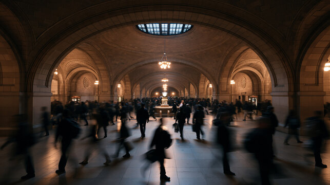 Commuters Walking Through Grand Station Concourse During Rush Hour