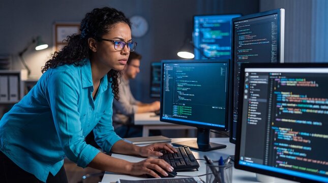 Female software developer working at multiple computer monitors in a modern office environment with programming code displayed on screens