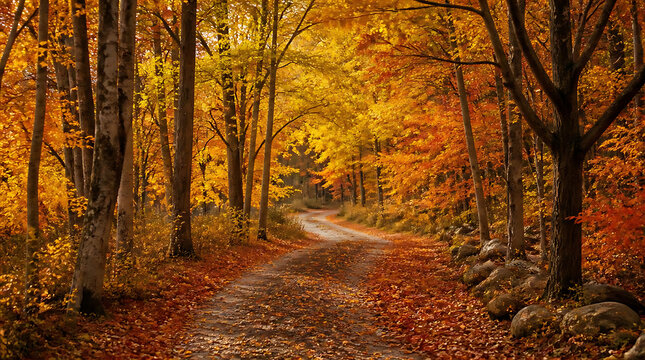 Serene autumn woodland pathway winding through vibrant fall foliage and golden leaves creating a peaceful nature scene