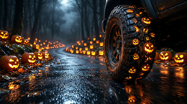 Dark moody Halloween night scene featuring truck tires with carved pumpkin lantern patterns
