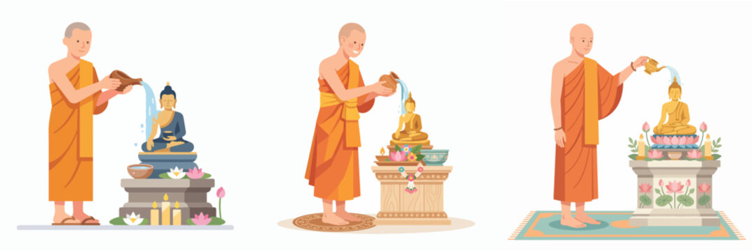 Buddhist monks pouring water on Buddha statues for Songkran festival ritual