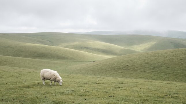 White sheep standing on a green rolling hillside beneath a cloudy sky. Peaceful rural landscape with grazing livestock, pastoral countryside, nature, and agricultural concept.