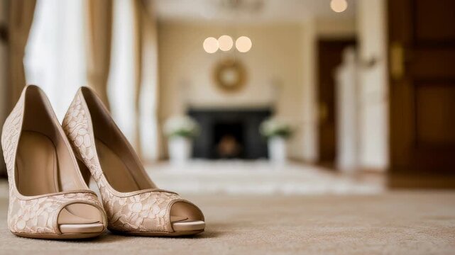 Woman placing beige lace peep-toe high heels on carpet floor, bridal shoes for wedding ceremony