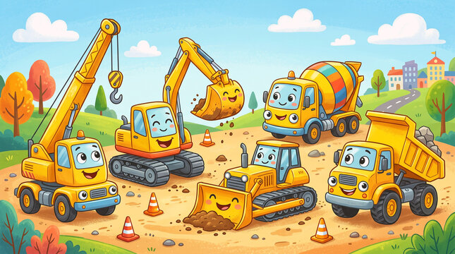 Cute Construction Vehicles Cartoon Illustration at Worksite