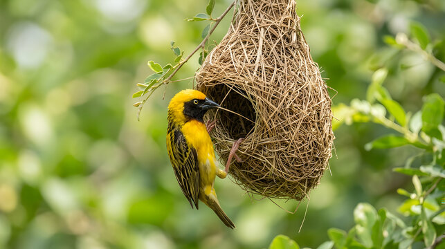 Male masked weaver bird perched on intricate hanging grass nest against blurry green trees background.