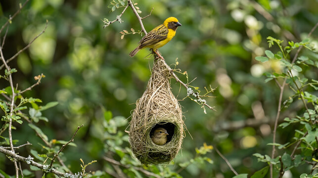 Yellow weaver bird at hanging nest with chick inside on tree branch green foliage background.