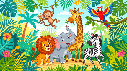 Obraz premium Cute Jungle Animals in Lush Tropical Forest Illustration