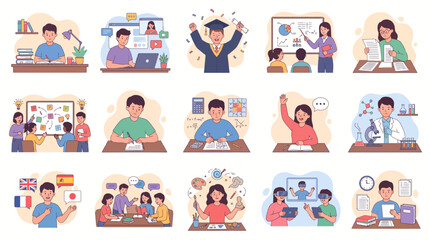Fototapeta premium Illustrations of diverse educational and learning activities for students