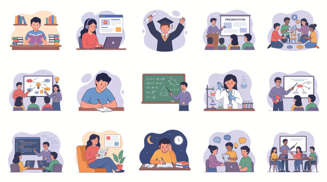 Illustrations of diverse educational activities and teaching methods in classrooms