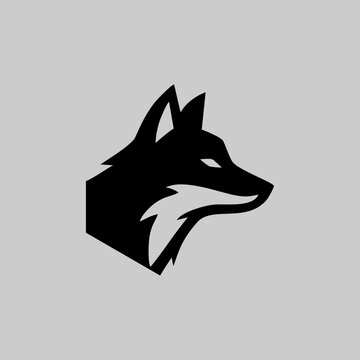 Minimalist fox head logo icon, stylized black and white animal vector illustration