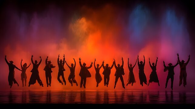 Silhouetted dancers leaping on stage with vibrant red orange and blue smoke backdrop