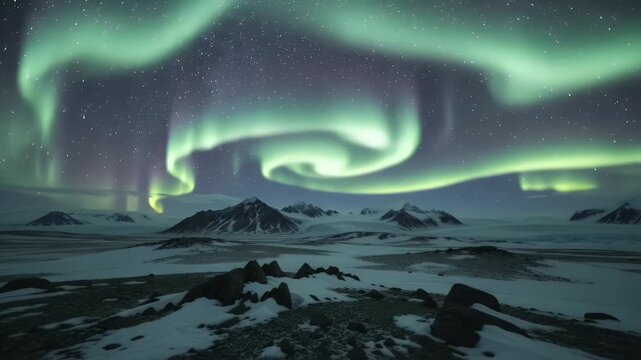 Aurora Borealis Over Snowy Mountains Under a Starry Night Sky