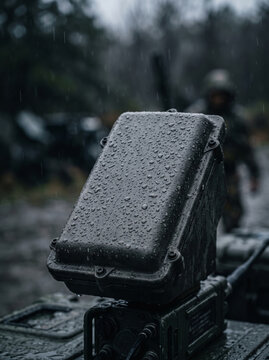 Black Tactical Electronic Warfare Jammer Device Mounted Outdoors In Nature
